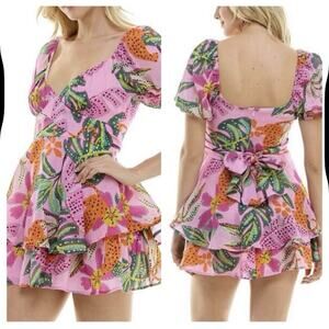 Crystal Sky Women’s Medium Tropical Print Puff Sleeve Tie Back Mini Dress